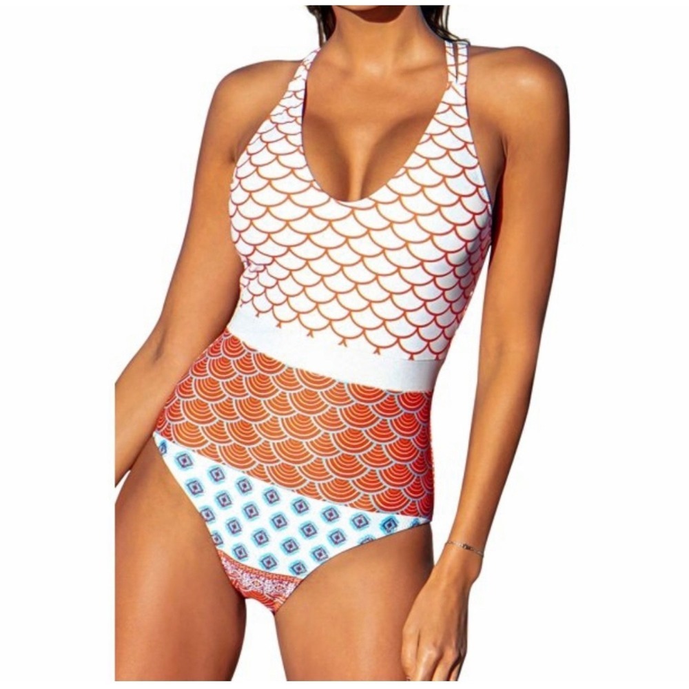 Cupshe SeaSelfie One Piece Swimsuit XL Orange White Mermaid Print Criss Cross